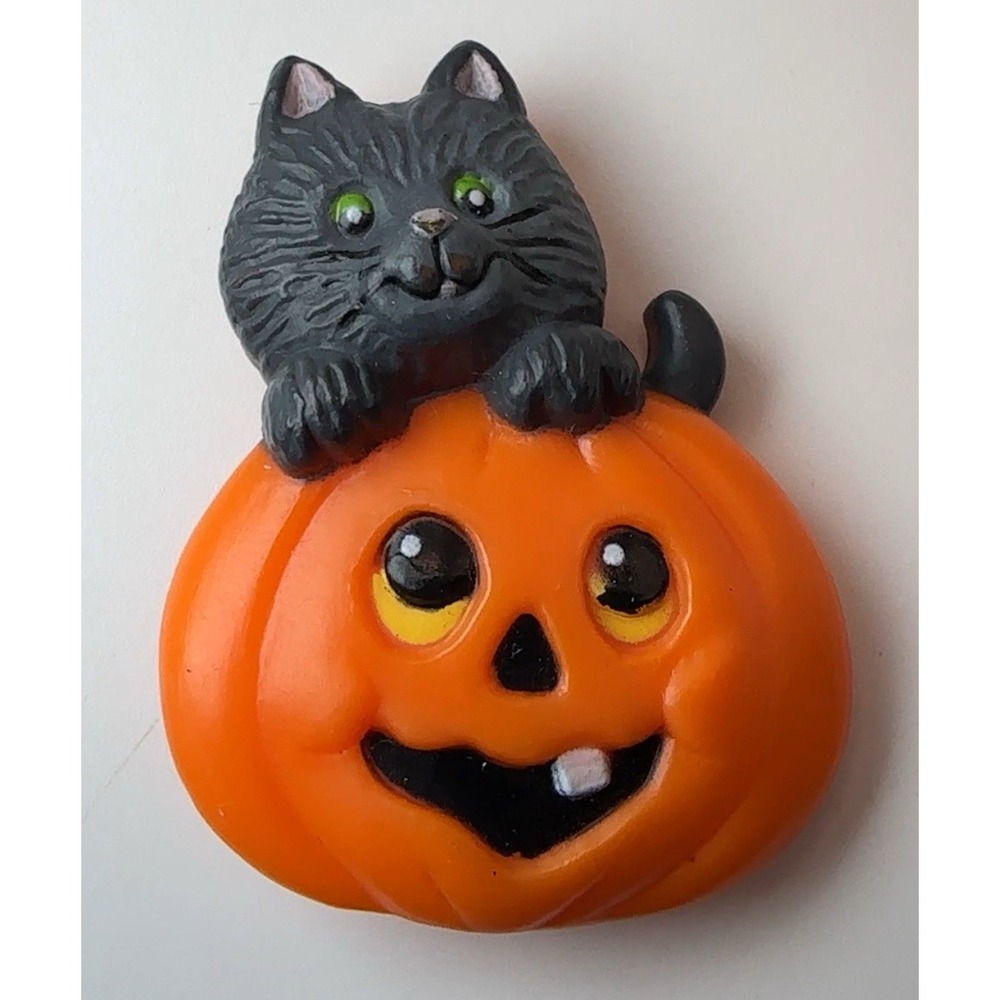 Vintage Russ Halloween Black Cat Pumpkin Jack O Lantern Brooch Pin 1988 Rare